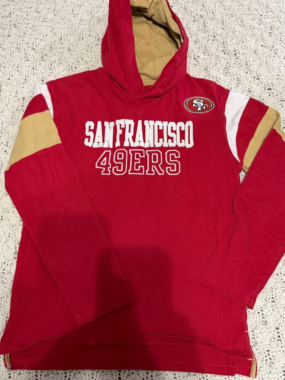 NFL San Francisco 49ers Red Hooded Long Sleeve Tee with Gold Accents